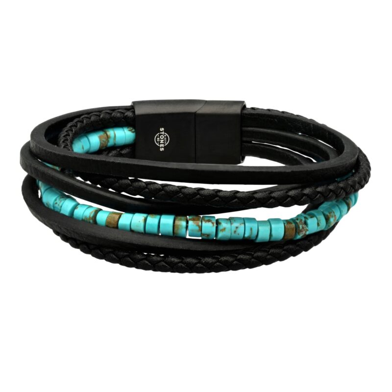 Bracelet Cuir Noir Lisse Et Tress Avec Perle De Heishi Turquoise