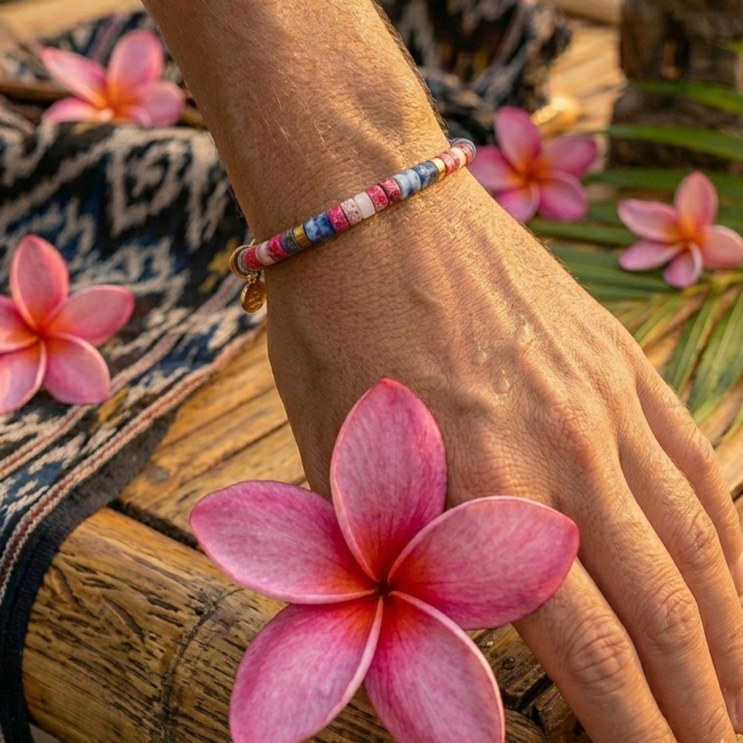 Alternative view of Bracelet acier perles heishi 6mm jaspe bleu et rose impérial