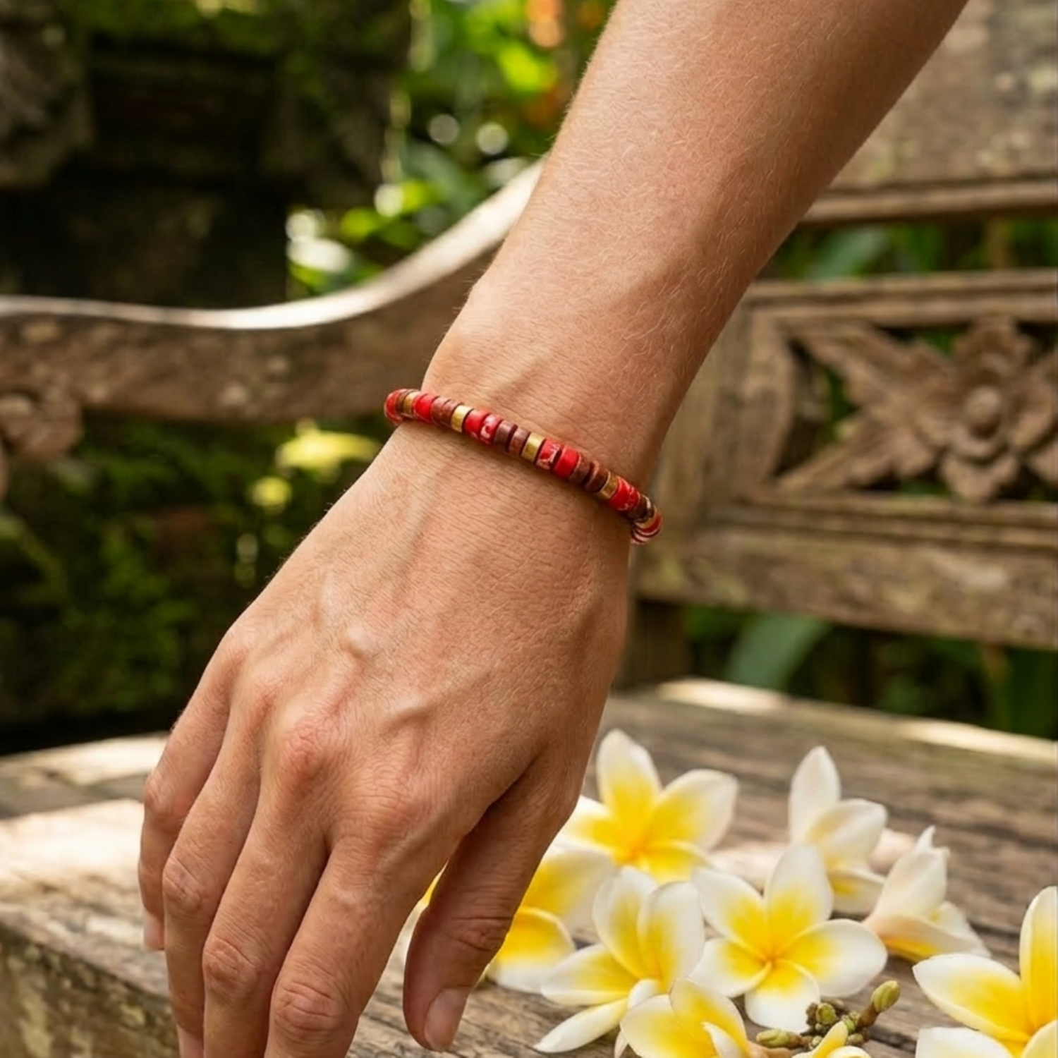 Alternative view of Bracelet acier perles heishi 6mm jaspe impérial rouge jaspe sésame rouge