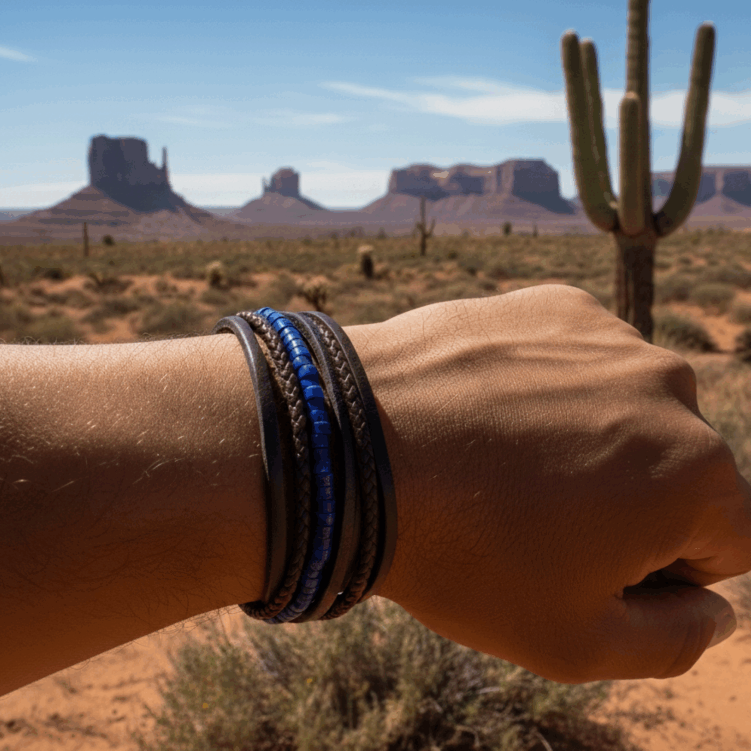 Bracelet cuir marron lisse et tressé avec perle de heishi lapis - BBR2000LAPIS -