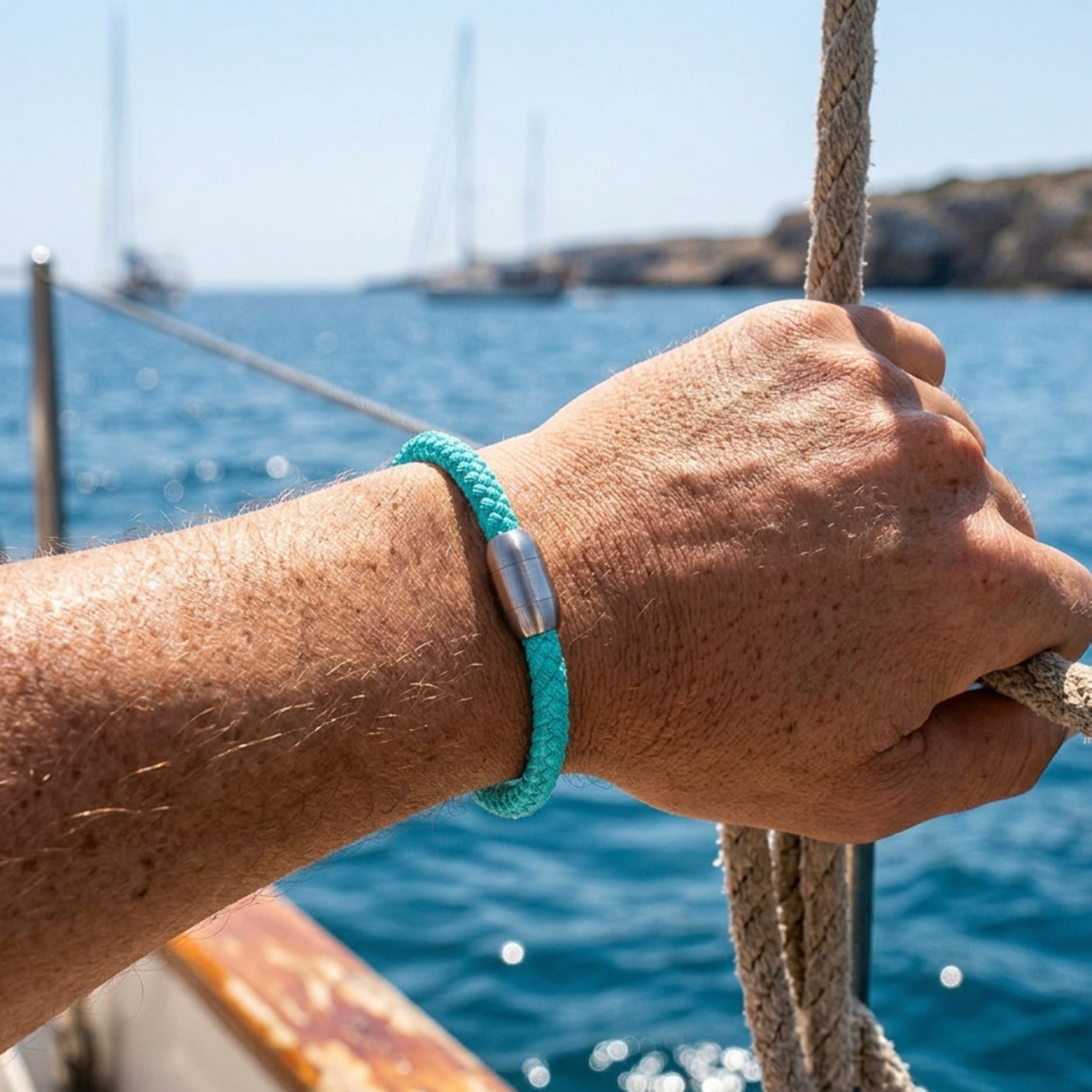 Alternative view of Bracelet corde tressé turquoise et acier