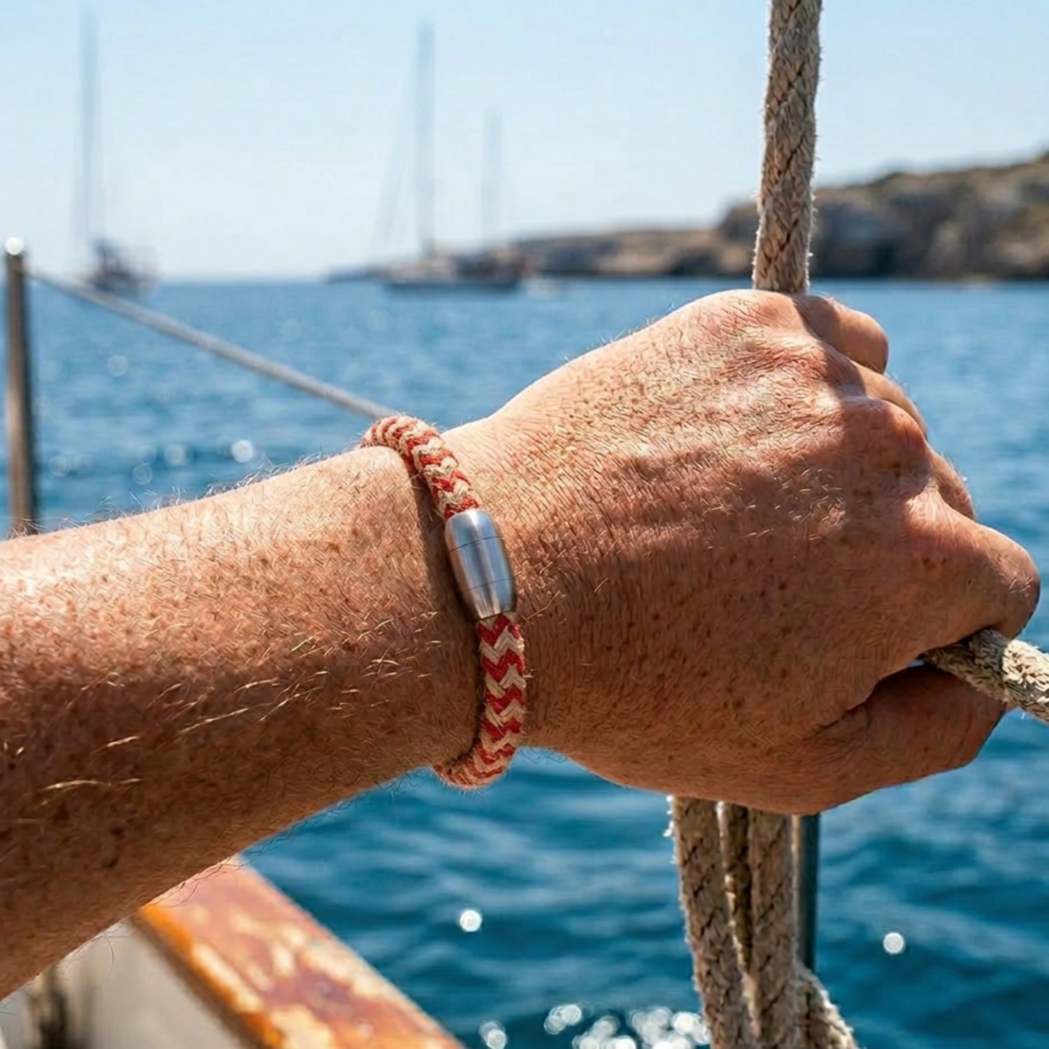 Alternative view of Bracelet homme cordon rouge et beige