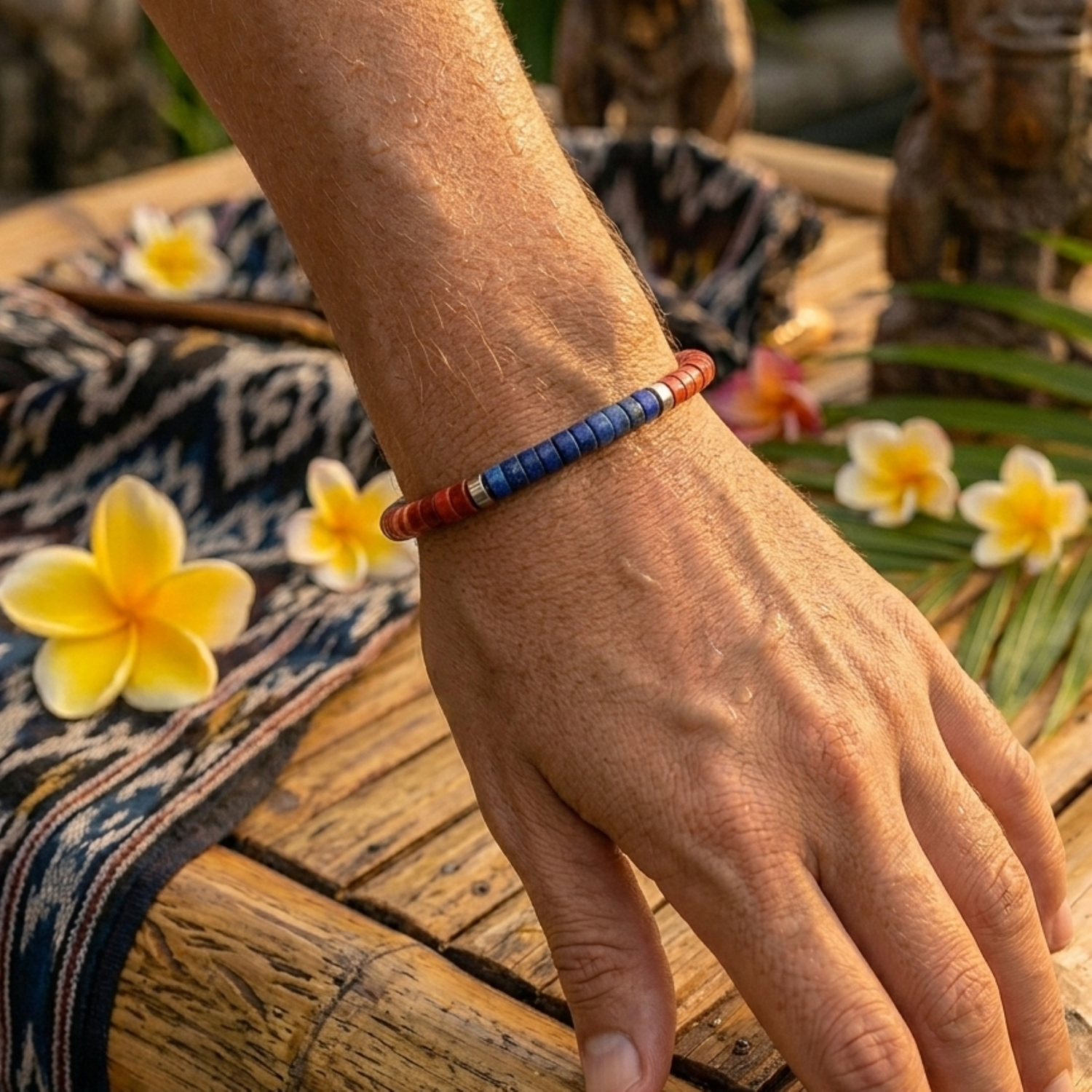 Alternative view of Bracelet chakra perles heishi jaspe rouge lapis lazuli