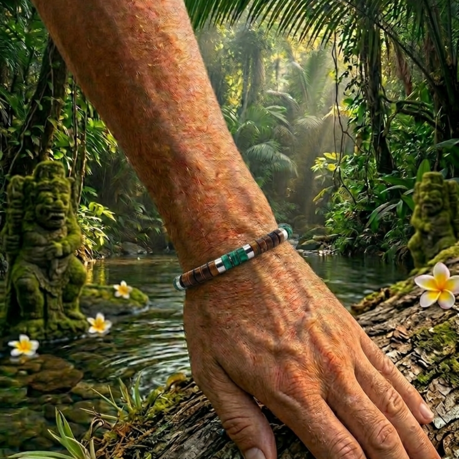 Alternative view of Bracelet perles heishi œil de tigre et malachite