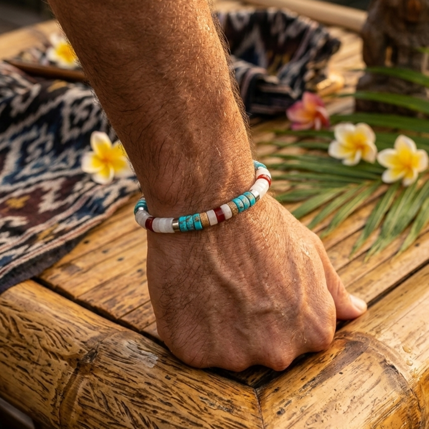 Alternative view of Bracelet perles heishi turquoise jaspe blanc rouge paysage