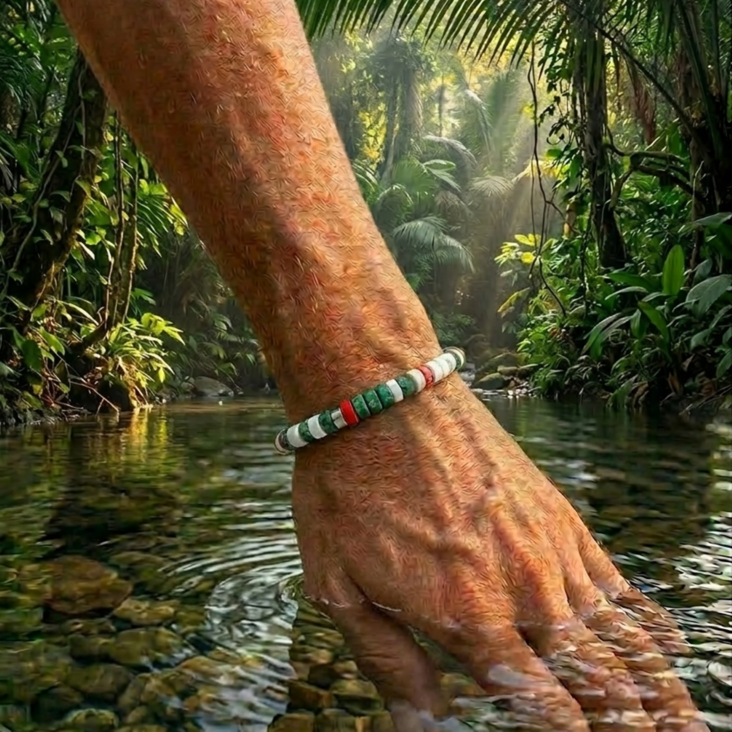 Alternative view of Bracelet perles heishi jaspe vert et rouge