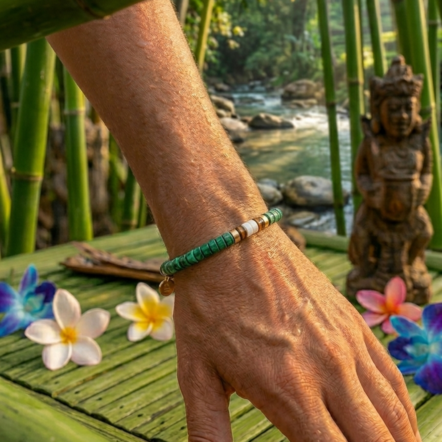 Alternative view of Bracelet perles heishi jaspe vert œil de tigre