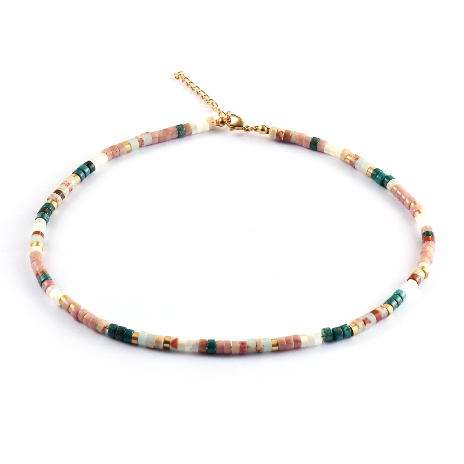 Collier 4mm perles heishi turquoise verte quartz blanc