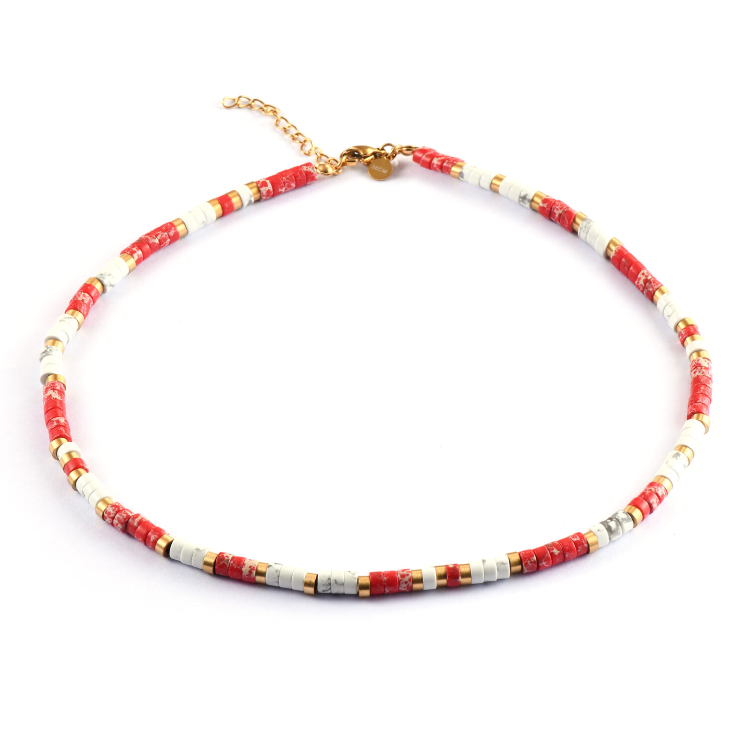 Collier 4mm perles heishi jaspe rouge quartz blanc