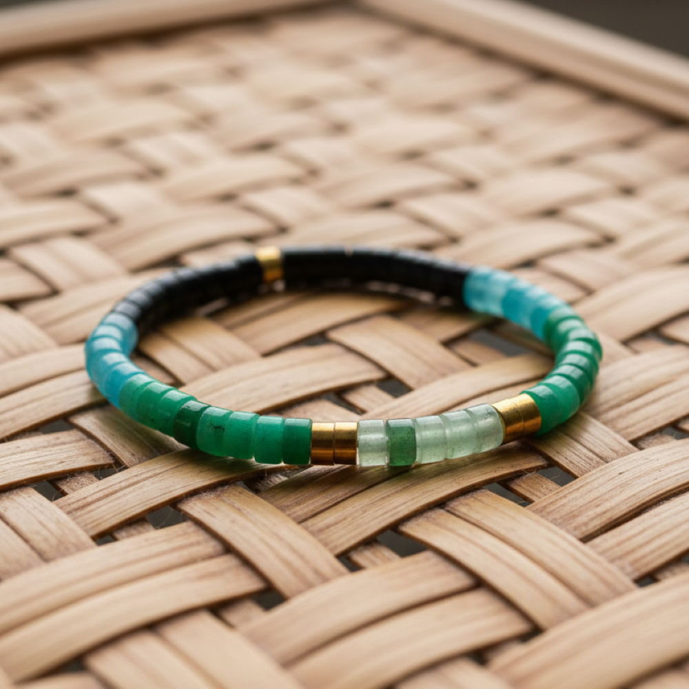 Alternative view of Bracelet perles heishi  jaspe vert agate noir