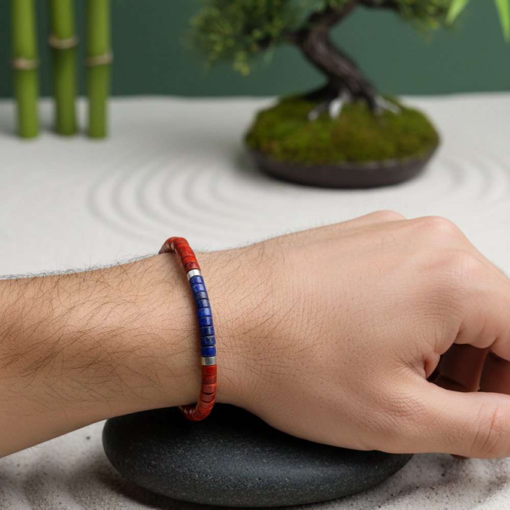 Alternative view of Bracelet chakra perles heishi jaspe rouge lapis lazuli