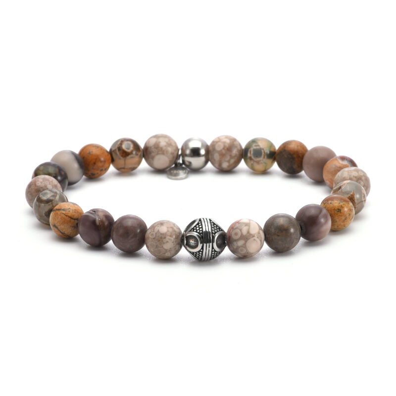 Bracelet 8mm acier pierres naturelles perles rondes agate indienne agate nacre marron et rouge