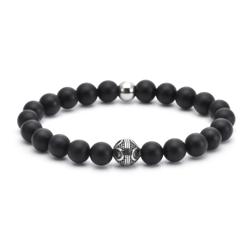 Bracelet 8mm acier pierres naturelles perles rondes agate noire