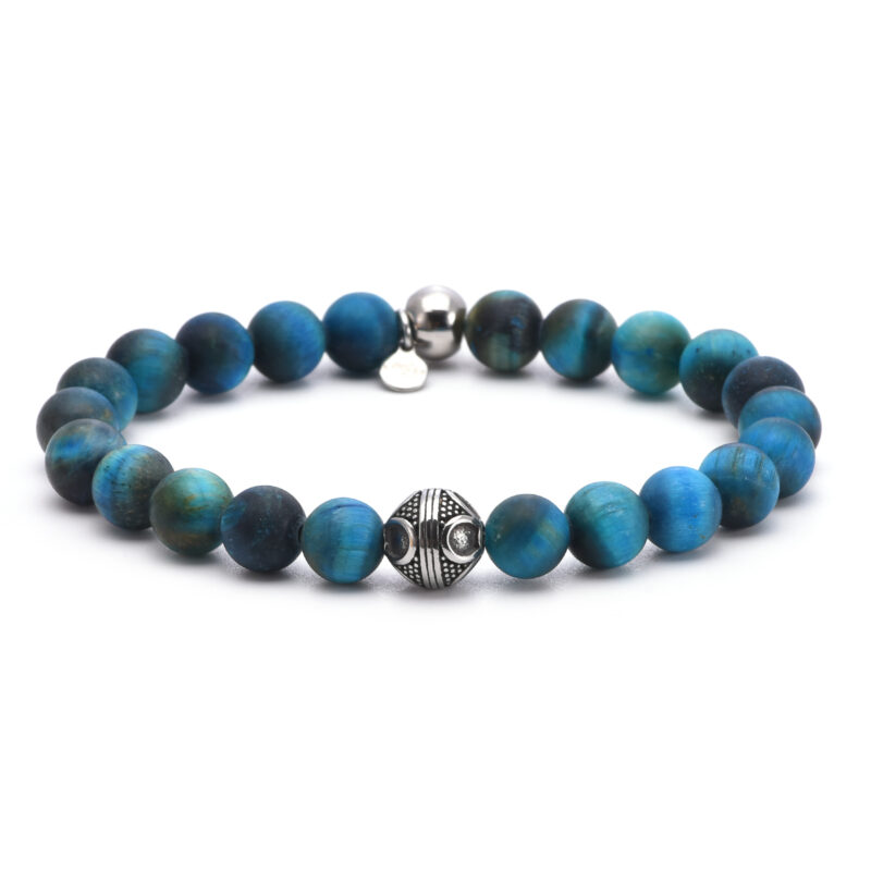 Bracelet 8mm acier pierres naturelles perles rondes œil de tigre bleu