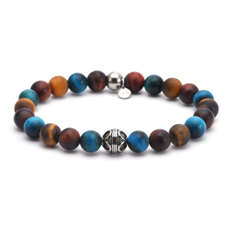 Bracelet 8mm acier pierres naturelles perles rondes œil de tigre rouge bleu et jaune