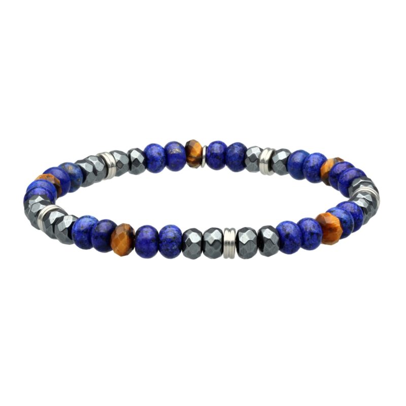 Bracelet acier perles facettées hématite lapis et oeil de tigre