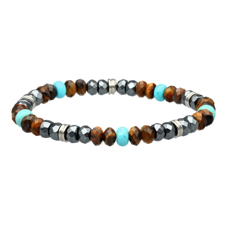 Bracelet acier perles facettées turquoise hématite pierre de lune et oeil de tigre