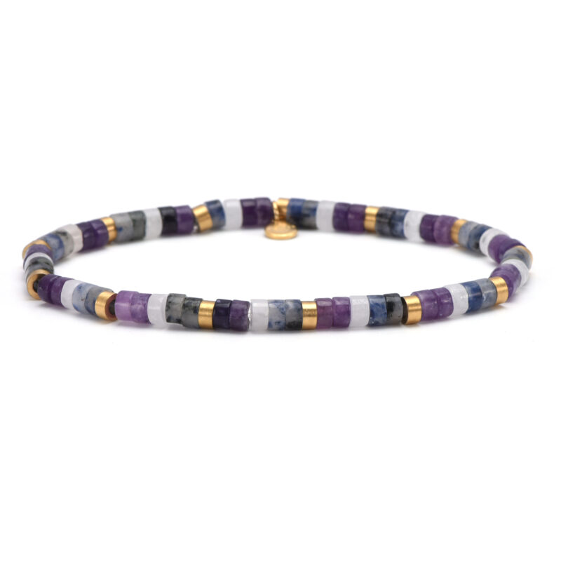 Bracelet acier perles heishi 4mm améthyste et jaspe blanche et bleue