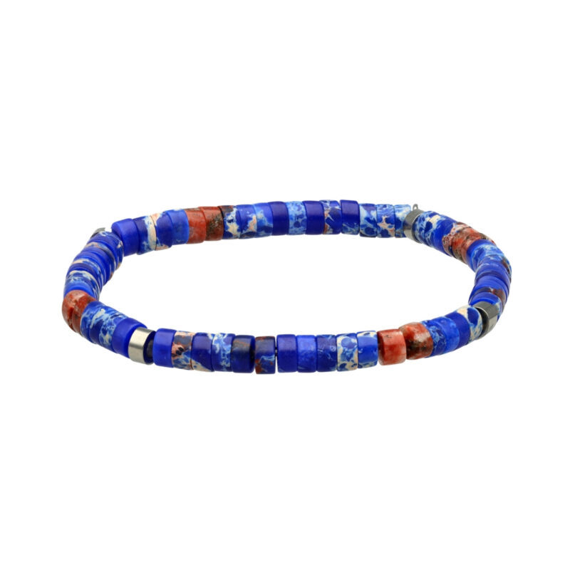 Bracelet acier perles heishi 4mm jaspe bleu impérial et jaspe sésame rouge