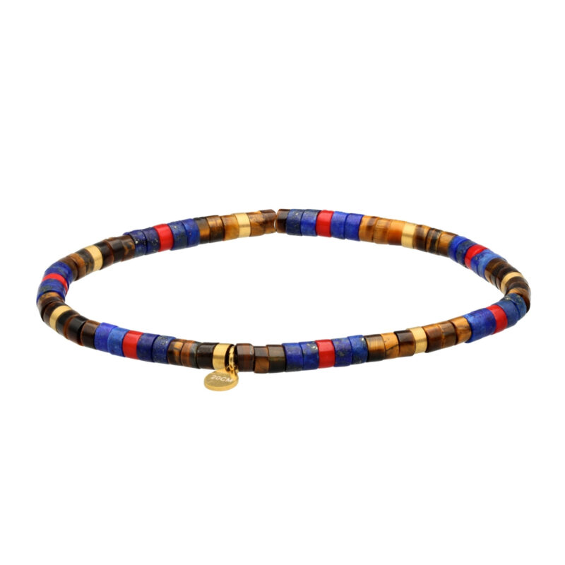 Bracelet acier perles heishi 4mm pierre lapis jaspe rouge et oeil de tigre