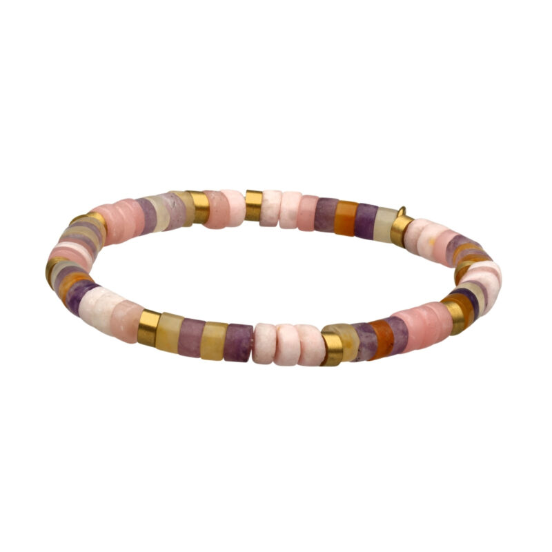 Bracelet acier perles heishi 4mm pierre opale rose améthyste et aventurine jaune
