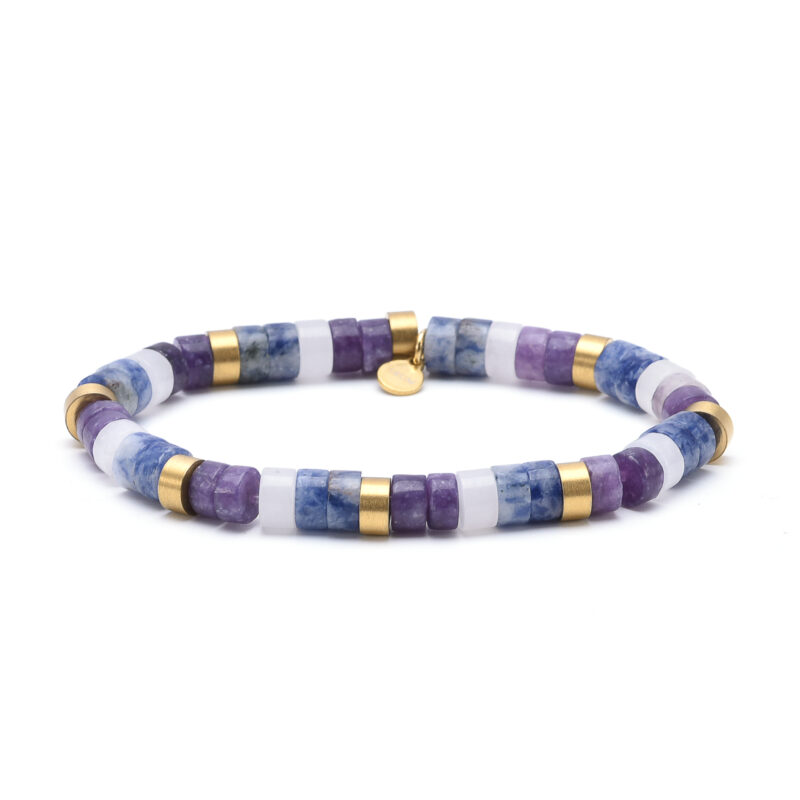 Bracelet acier perles heishi 6mm améthyste et jaspe blanche et bleue
