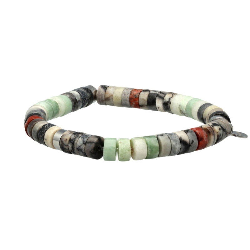 Bracelet acier perles heishi 6mm jade de luzhou et sésame rouge