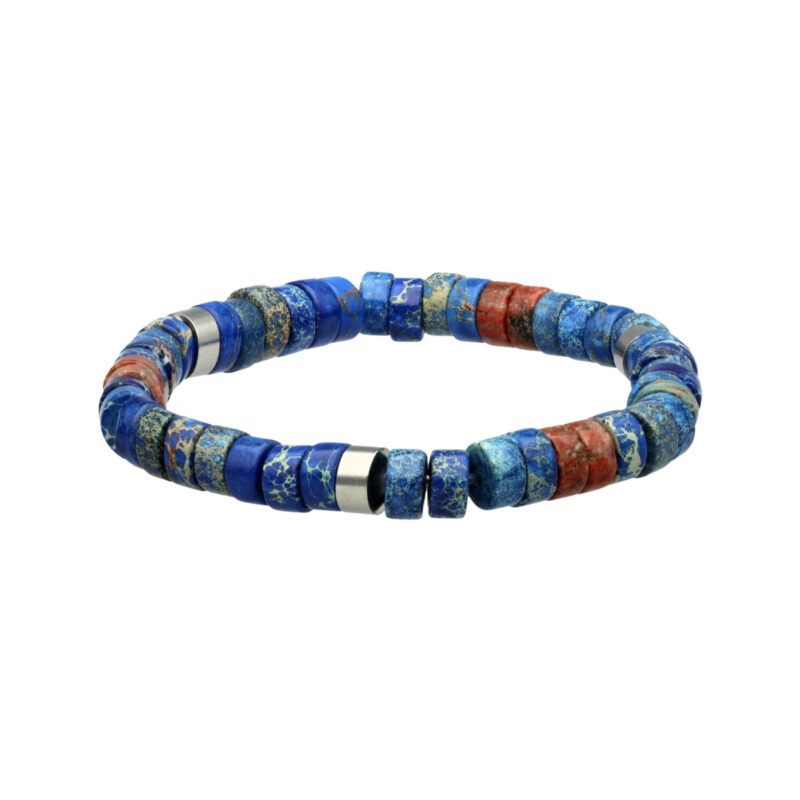 Bracelet acier perles heishi 6mm jaspe bleu impérial et jaspe sésame rouge