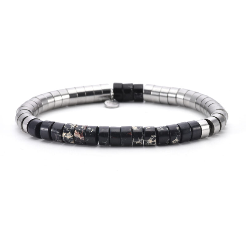 Bracelet acier perles heishi 6mm jaspe noir impérial