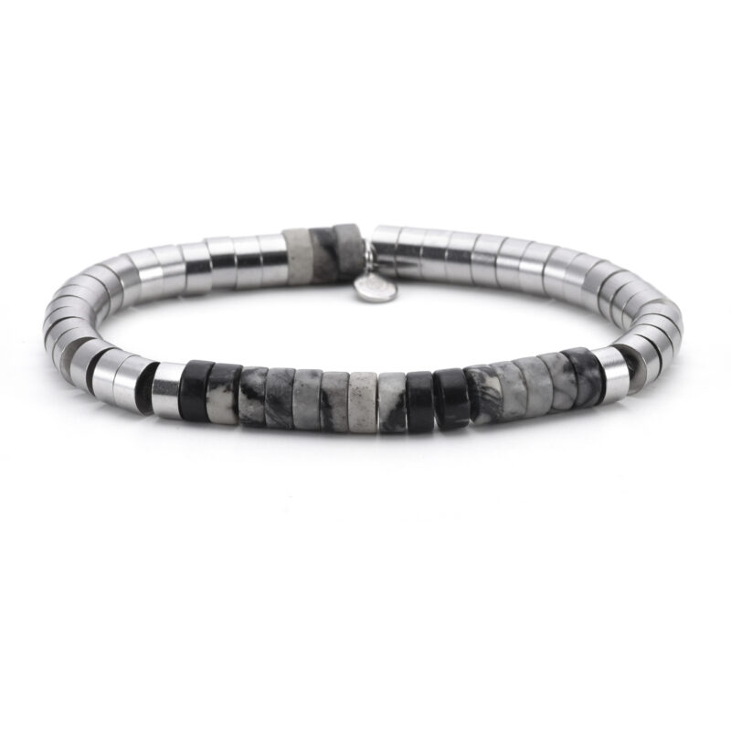 Bracelet acier perles heishi 6mm jaspe noir et gris impérial