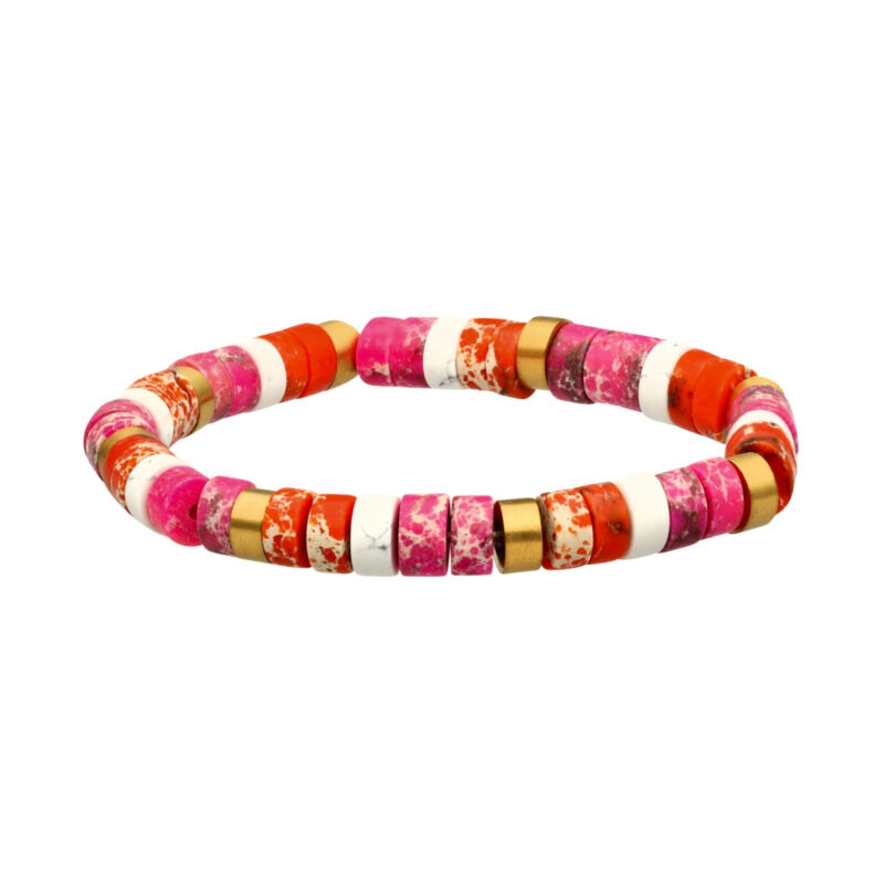 Bracelet acier perles heishi 6mm jaspe orange impérial et rose impérial et turquoise blanche