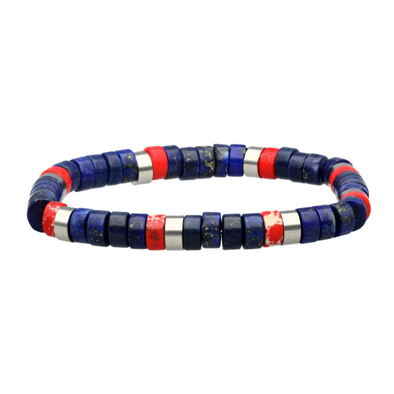 Bracelet acier perles heishi 6mm pierre lapis et jaspe rouge