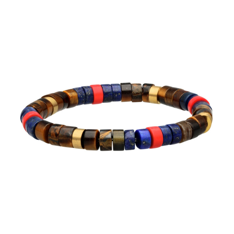 Bracelet acier perles heishi 6mm pierre lapis jaspe rouge et oeil de tigre