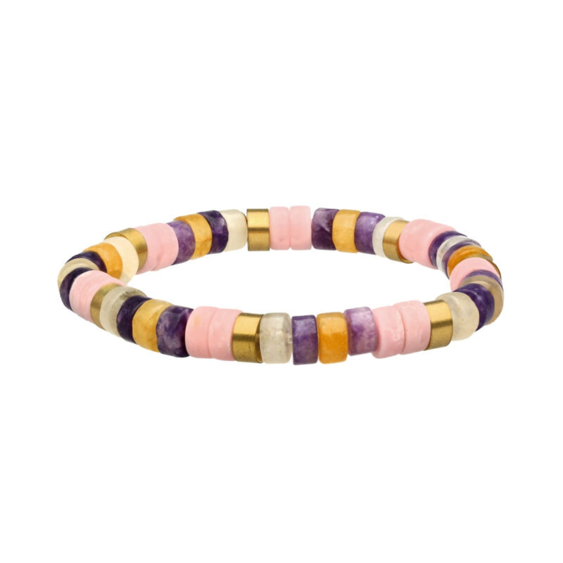 Bracelet acier perles heishi 6mm pierre opale rose améthyste et aventurine jaune