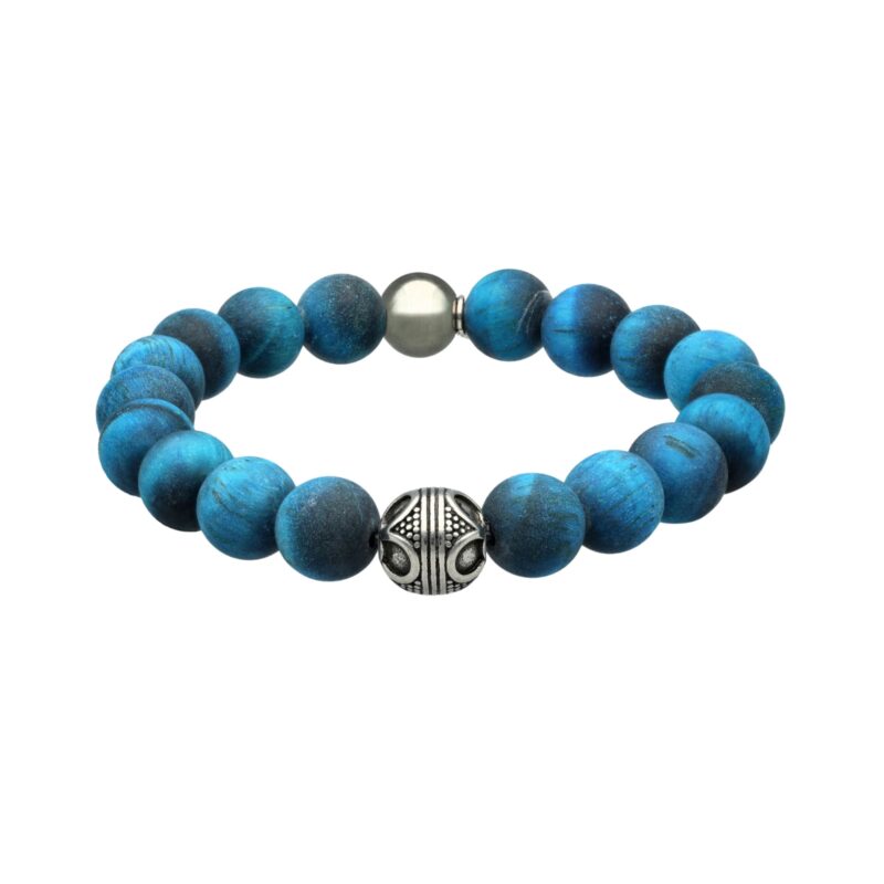 Bracelet acier pierres naturelles 10mm perles rondes œil de tigre bleu