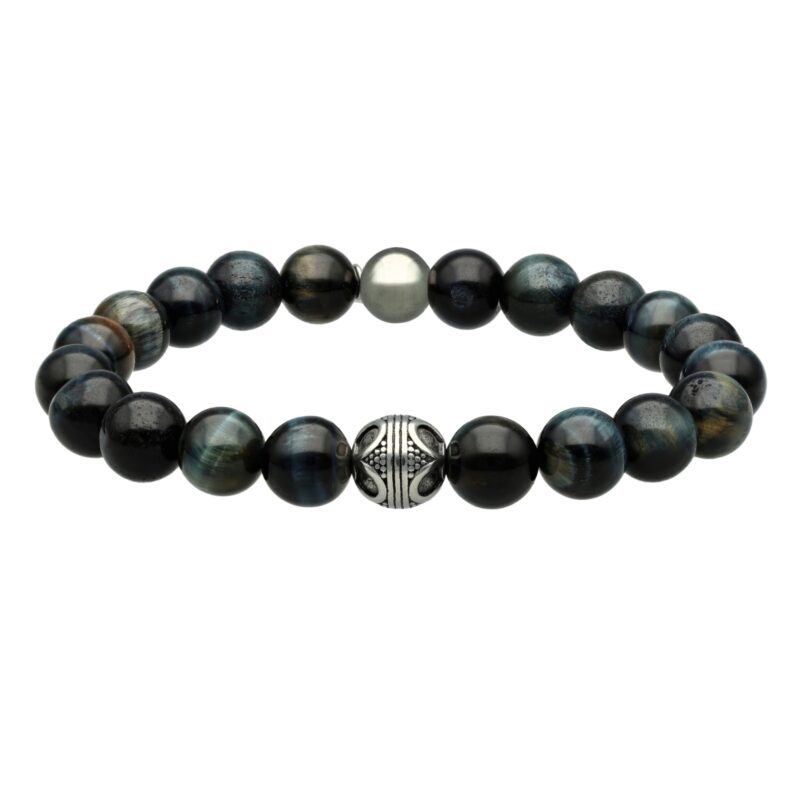 Bracelet acier pierres naturelles 10mm perles rondes oeil de tigre bleu et agate noir