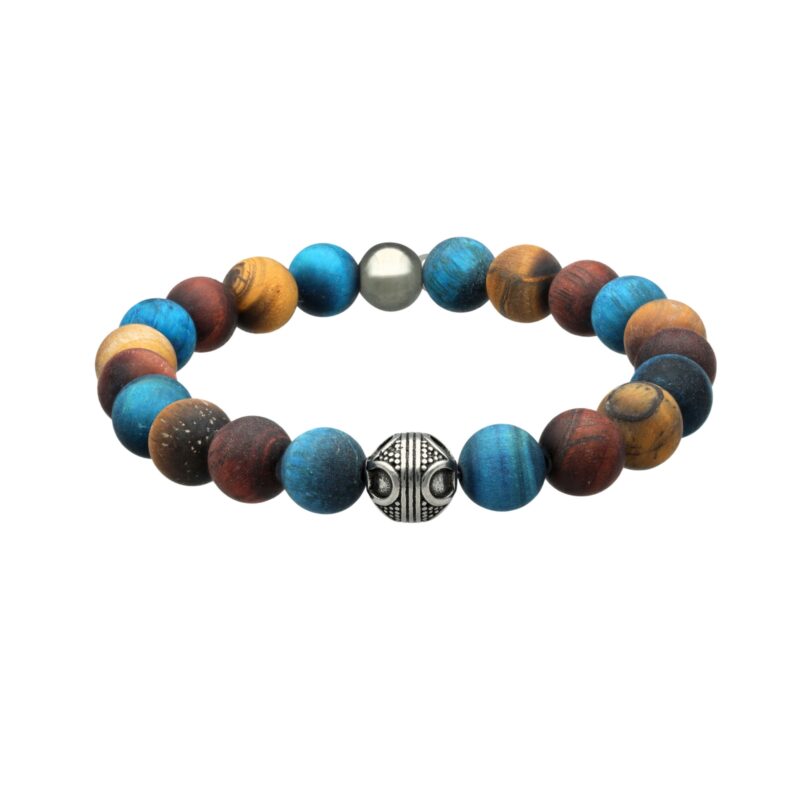 Bracelet acier pierres naturelles 10mm perles rondes œil de tigre rouge bleu et jaune