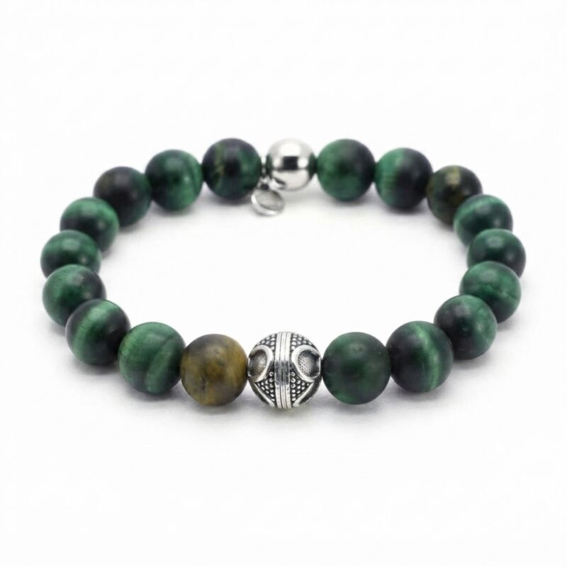 Bracelet acier pierres naturelles œil de tigre vert perles rondes 10mm