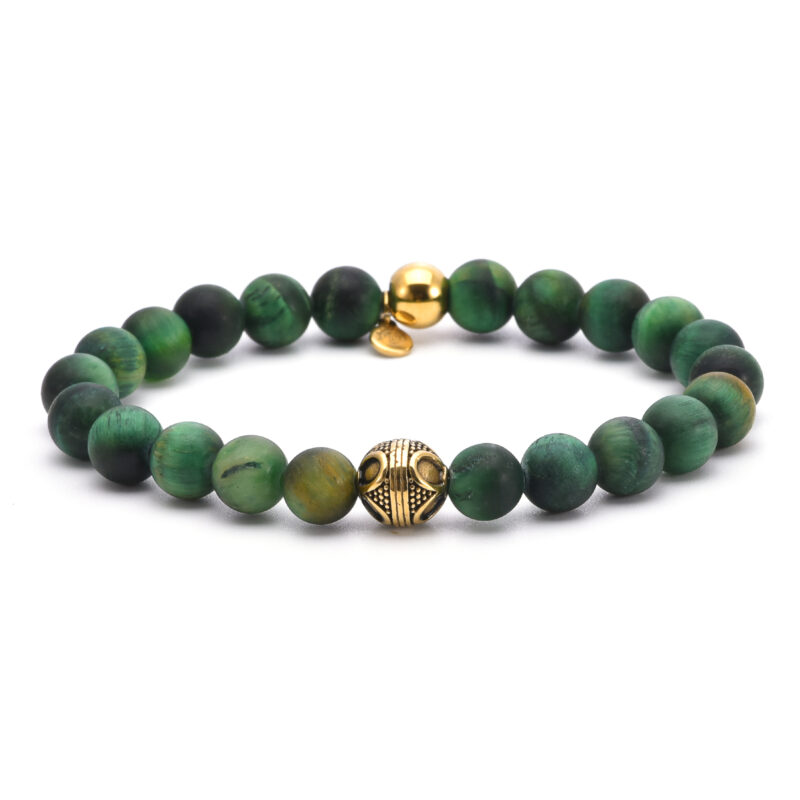 Bracelet acier pierres naturelles œil de tigre vert perles rondes 8mm