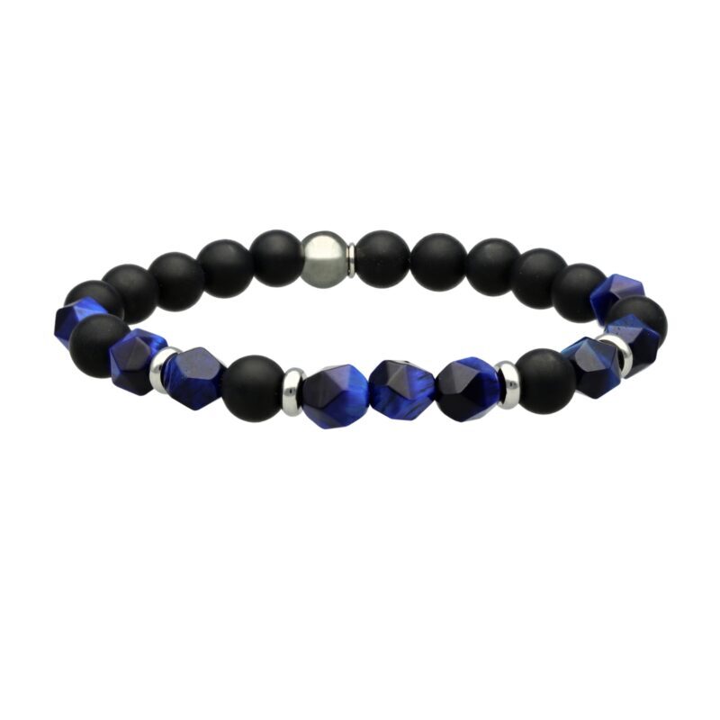 Bracelet acier pierres naturelles perles agate noir et lapis
