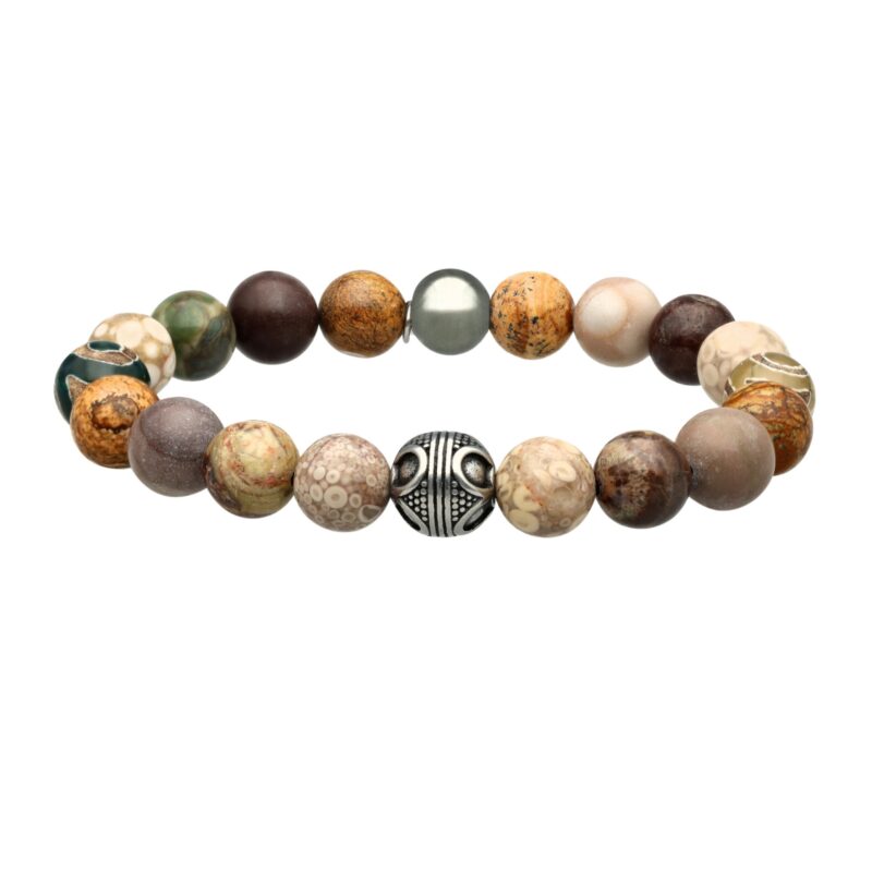 Bracelet acier pierres naturelles perles rondes agate indienne agate nacre marron et rouge