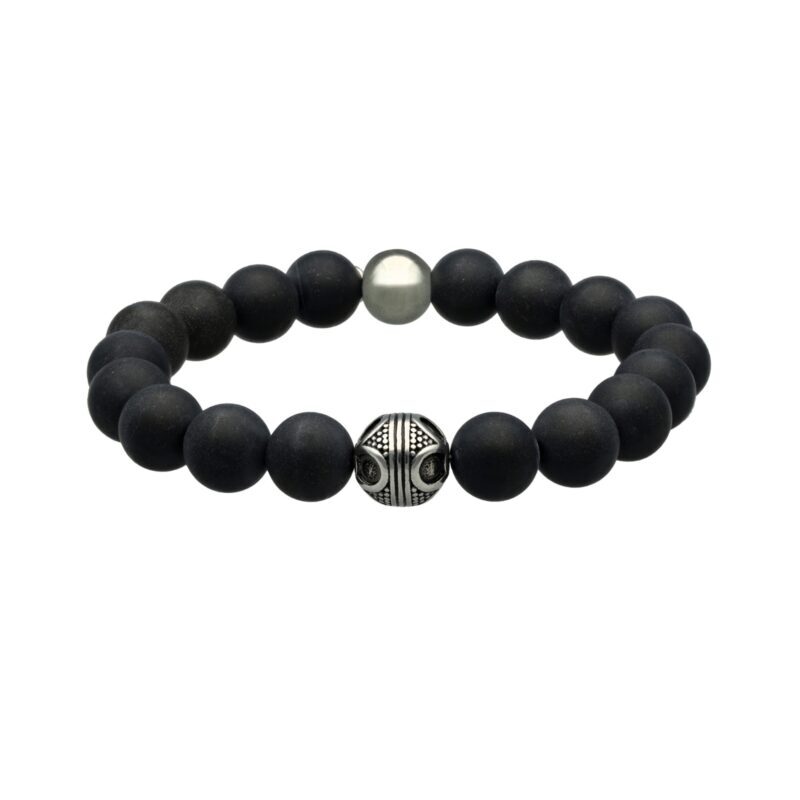 Bracelet acier pierres naturelles perles rondes agate noir