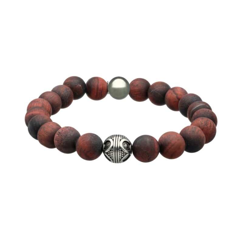 Bracelet acier pierres naturelles perles rondes oeil de tigre rouge