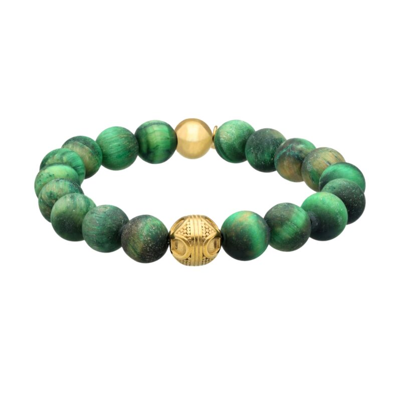 Bracelet acier pierres naturelles perles rondes œil de tigre vert