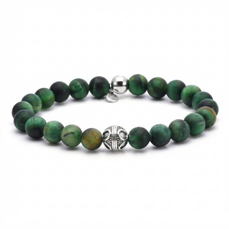 Bracelet acier rhodié pierres naturelles œil de tigre vert perles rondes 8mm