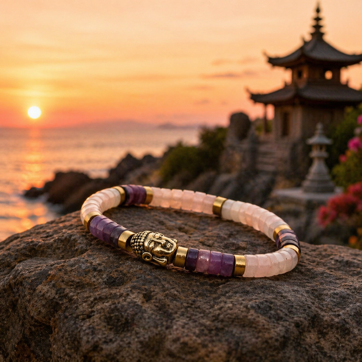 Accueil - Alternative view of Bracelet perles heishi pierres naturelles améthyste et quartz rose bouddha doré acier