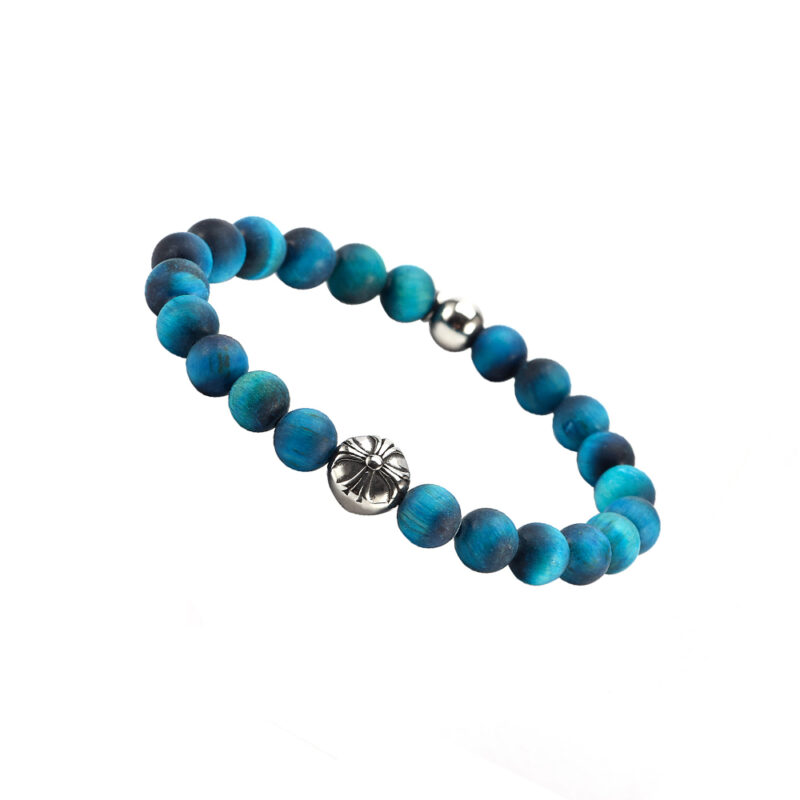 Bracelet boules 8mm œil de tigre bleu œil de faucon pierres naturelles croix rock