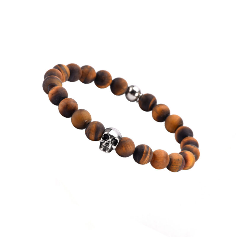 Bracelet boules 8mm œil de tigre pierres naturelles tête de mort