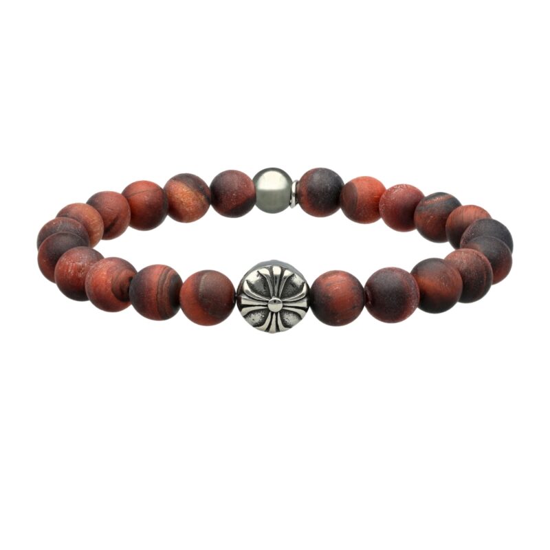 Bracelet boules 8mm œil de tigre rouge œil de taureau pierres naturelles croix rock