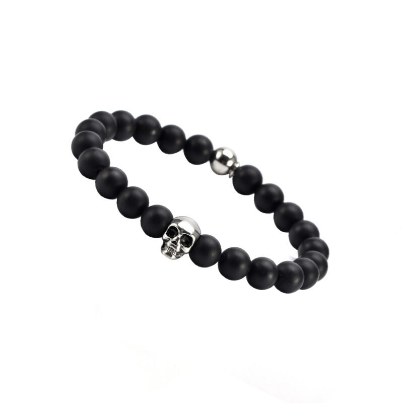 Bracelet boules noir onyx pierres naturelles tête de mort